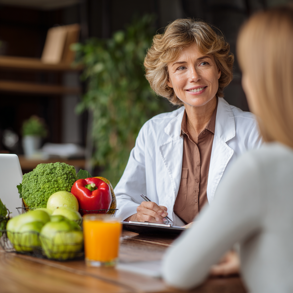 Professional nutritionist consulting with middle-aged client